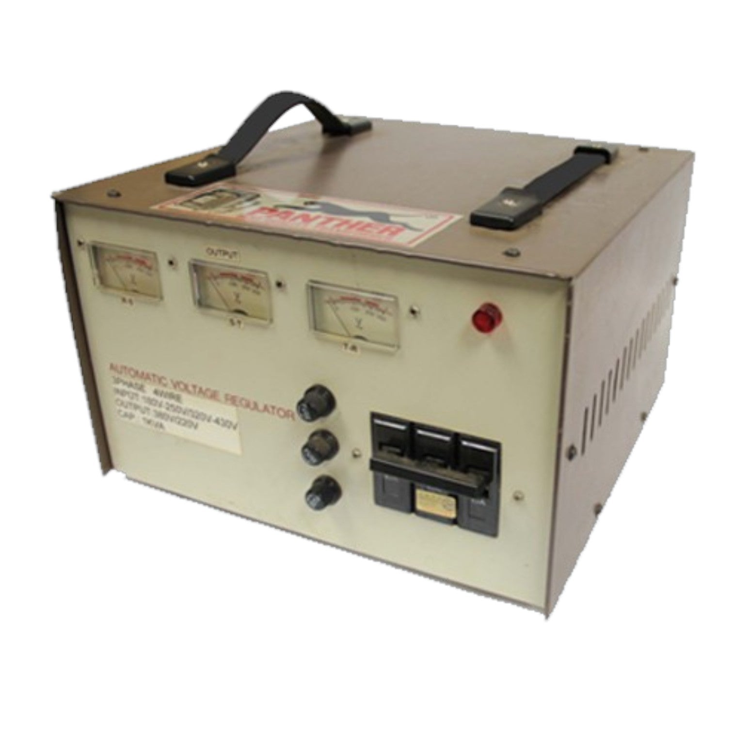 An automatic voltage regulator power supply unit with a beige metal casing, black handles on top, analog meters, rotary knobs, and a red indicator light, isolated on a white background.