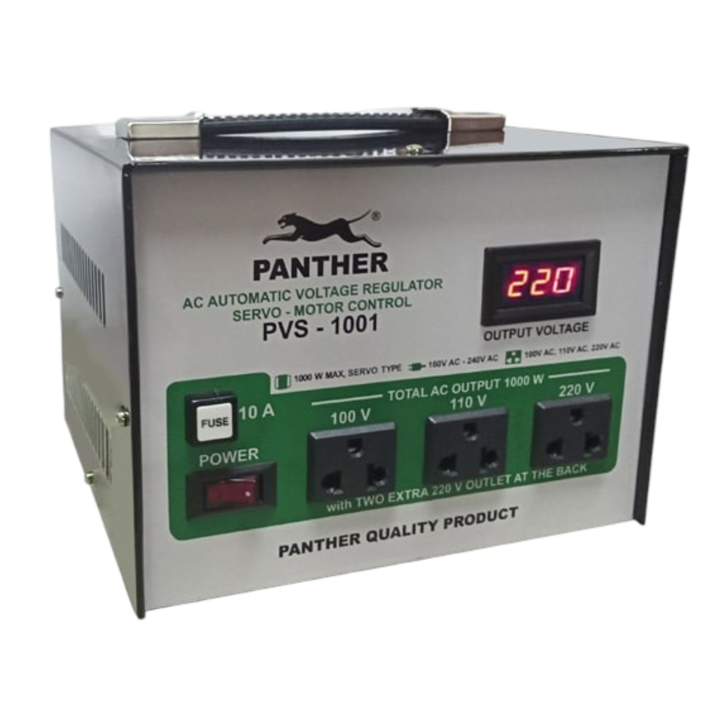 Panther PVS-1001 AC Automatic Voltage Regulator motor control unit with a silver metal casing, green front panel, black outlets, and a red digital output voltage display showing 220V.