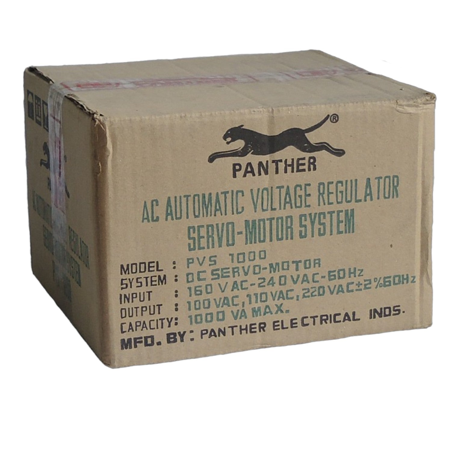 A brown cardboard box for the Panther Electrical Inds PVS 1000 AC Automatic Voltage Regulator Servo-Motor System, featuring a black panther logo and specifications printed on the side.
