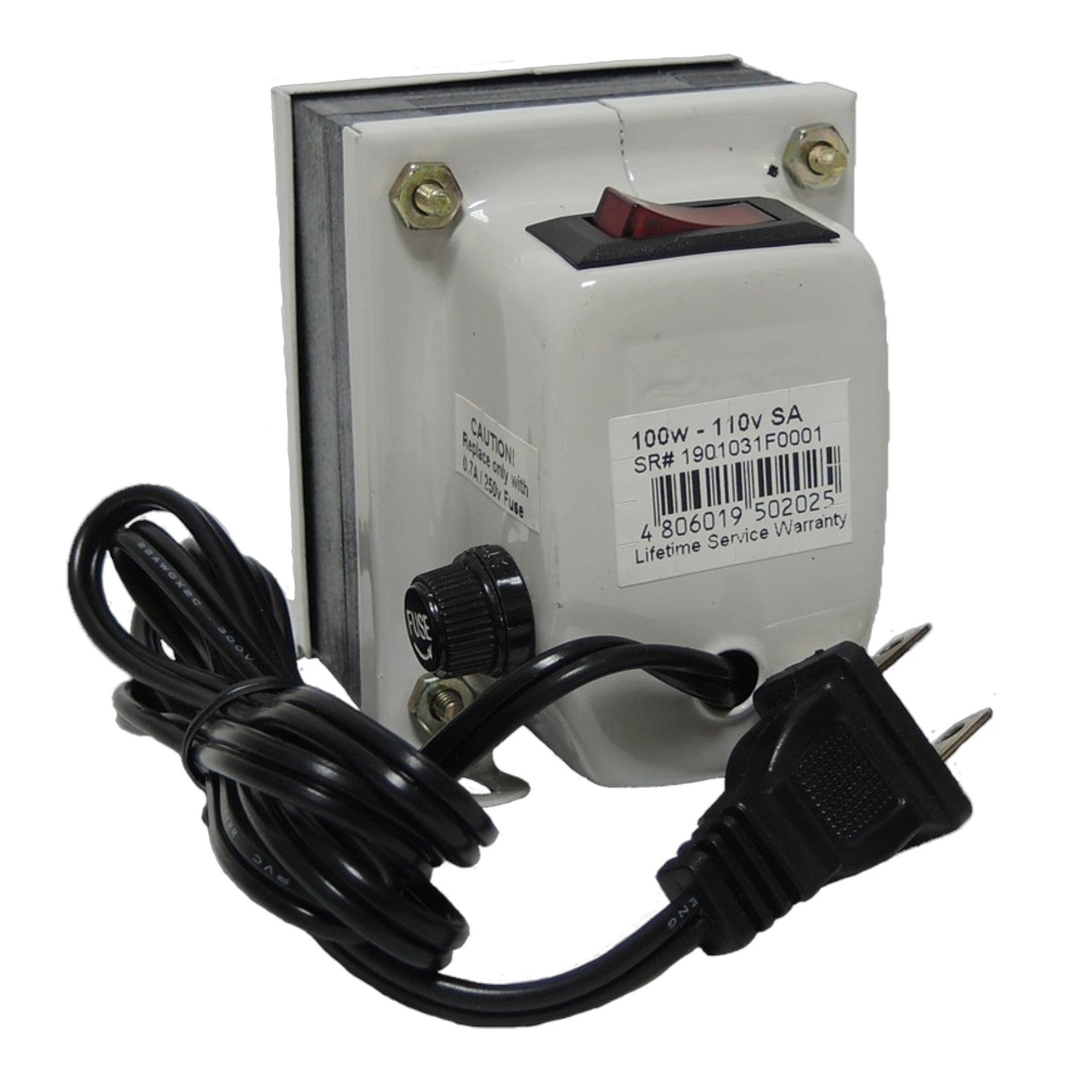 A 100W 110V AC power transformer with a black power cord and plug, featuring a white plastic housing, a red switch, and a black dial on a white background.