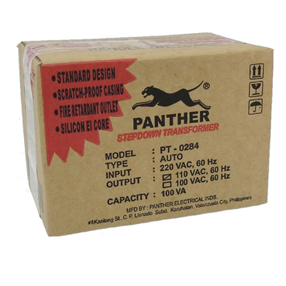 A brown cardboard box for a Panther Stepdown Transformer, model PT - 0284. The box features a red starburst graphic with bullet points and the black Panther logo.
