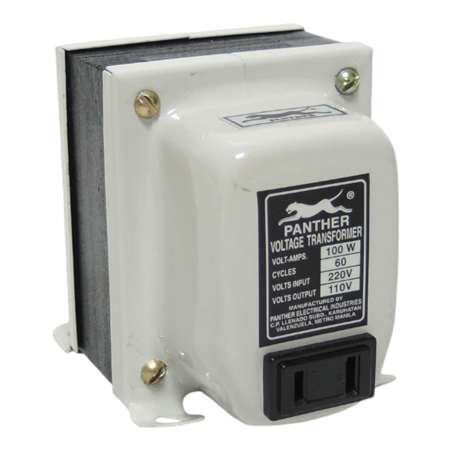 A Panther Voltage Transformer with a white plastic housing, black internal core, and a black specification label on the front face.