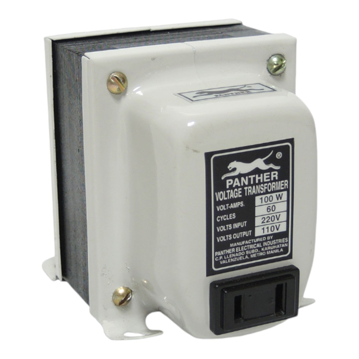 A Panther Voltage Transformer with a white plastic housing, black internal core, and a black specification label on the front face.