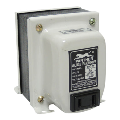 A Panther Voltage Transformer with a white plastic housing, black internal core, and a black specification label on the front face.