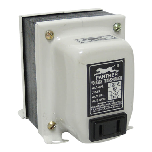 A Panther Voltage Transformer with a white plastic housing, black internal core, and a black specification label on the front face.