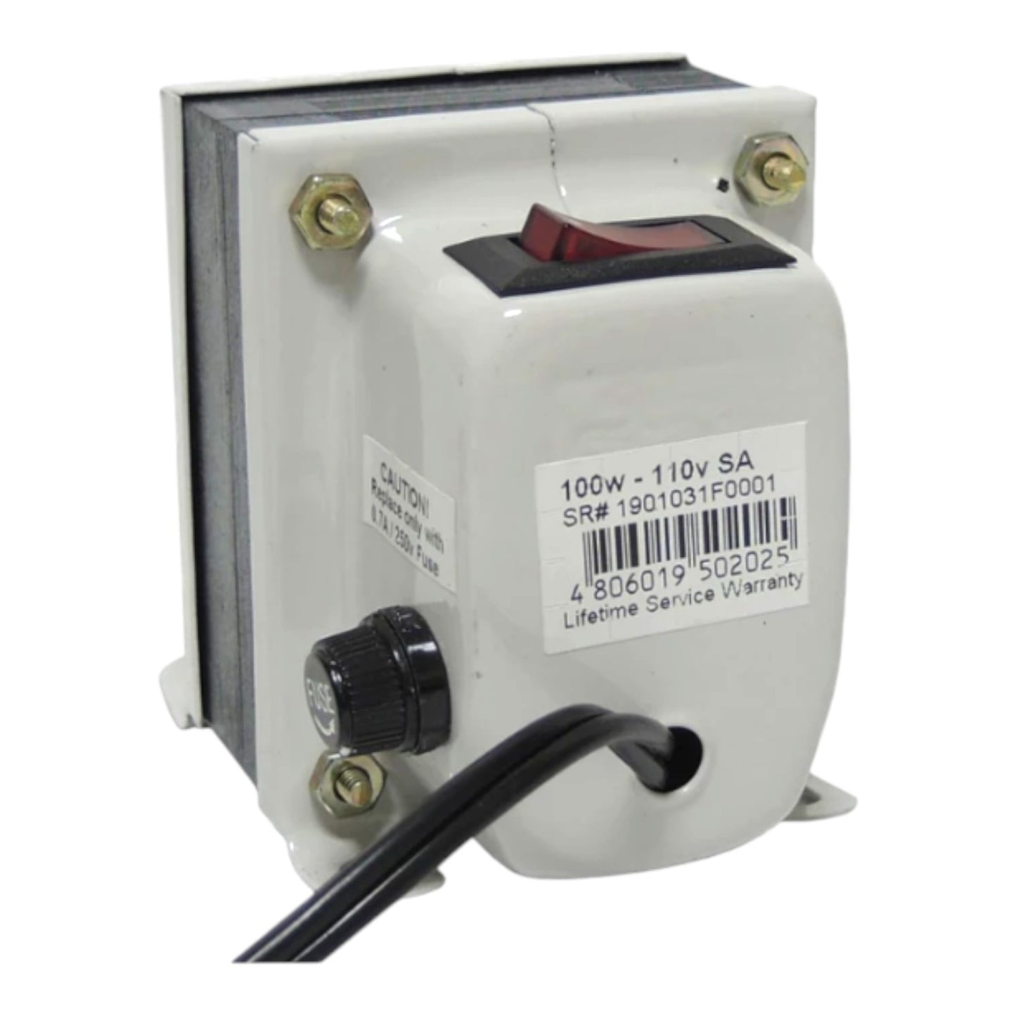 A 100W 110V SA step-down transformer with a white plastic housing, a red rocker switch, a black terminal screw, and a black power cord, shown on a white background.