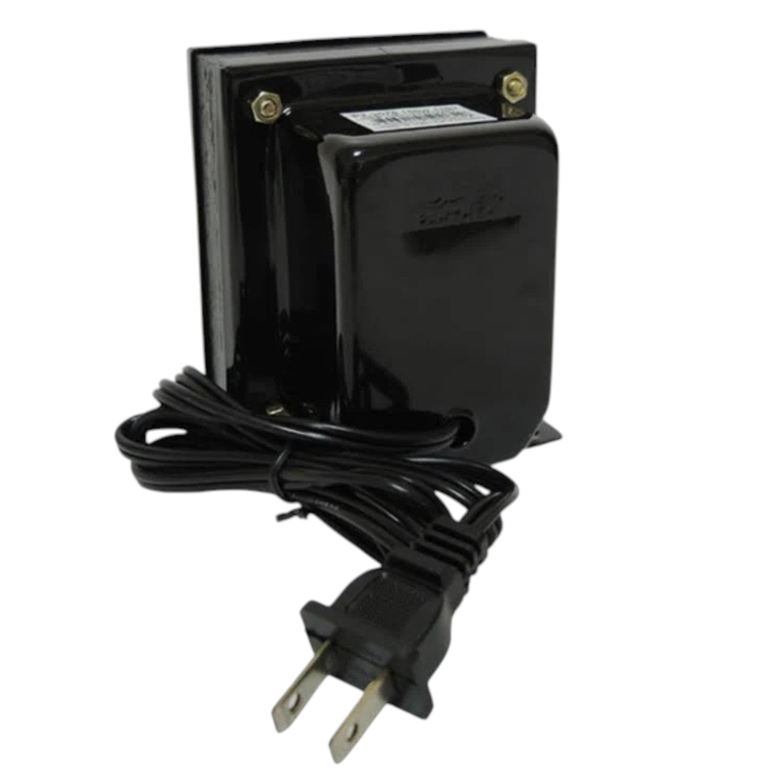A black electrical transformer or power adapter with a coiled black power cord and a two-prong US plug, shown against a plain white background.