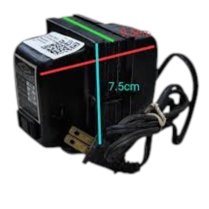 Black rectangular electronic device with a power cord, featuring red and green accent lines, a white label with a QR code, and a teal '7.5cm' size overlay on a white background.