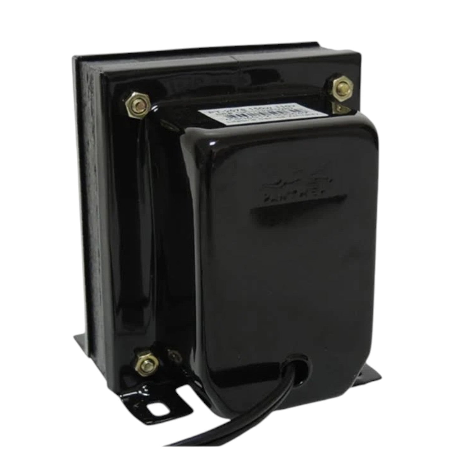 A black electrical transformer with a glossy finish, featuring brass-colored terminal screws and a small black wire lead, shown against a plain white background.