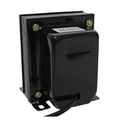 A black electrical transformer with a glossy finish, featuring brass-colored terminal screws and a small black wire lead, shown against a plain white background.