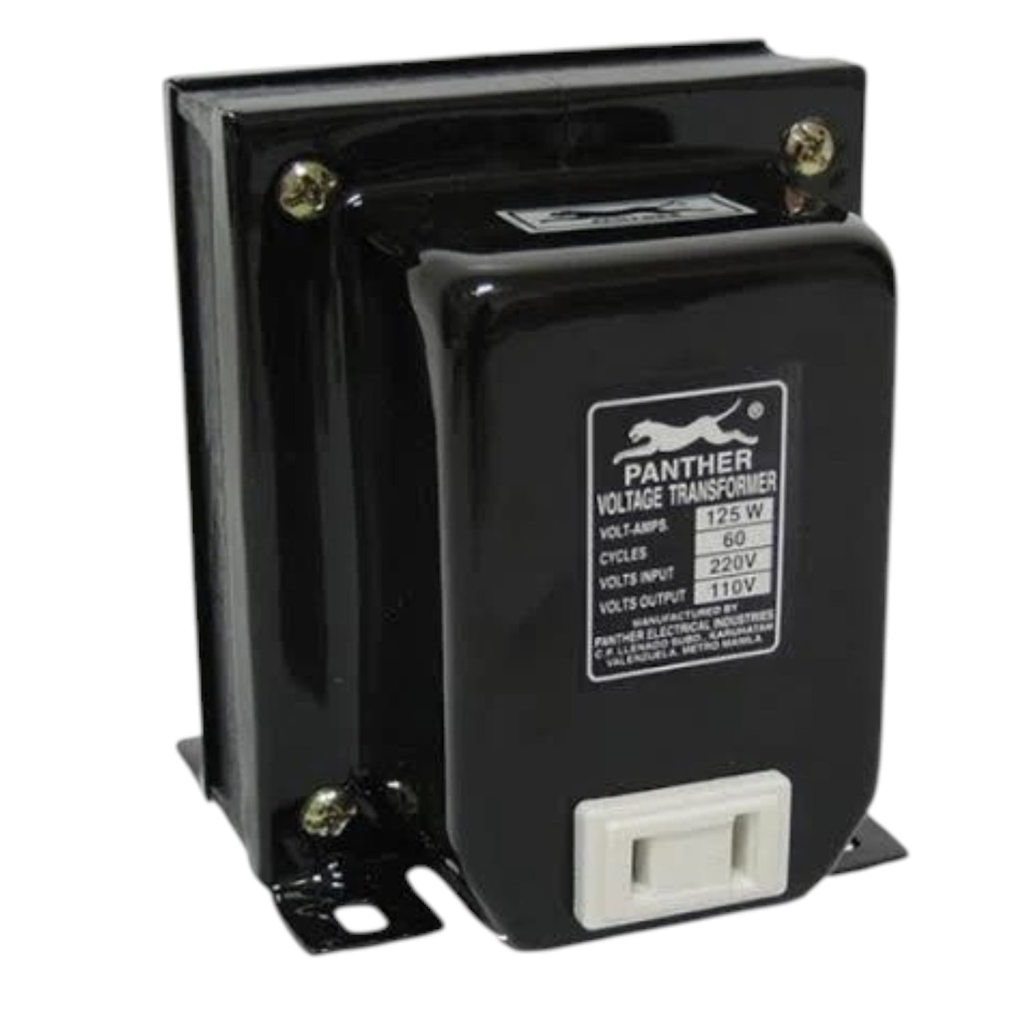 A black Panther Voltage Transformer with a white terminal connector and a white specification label, shown on a plain white background.