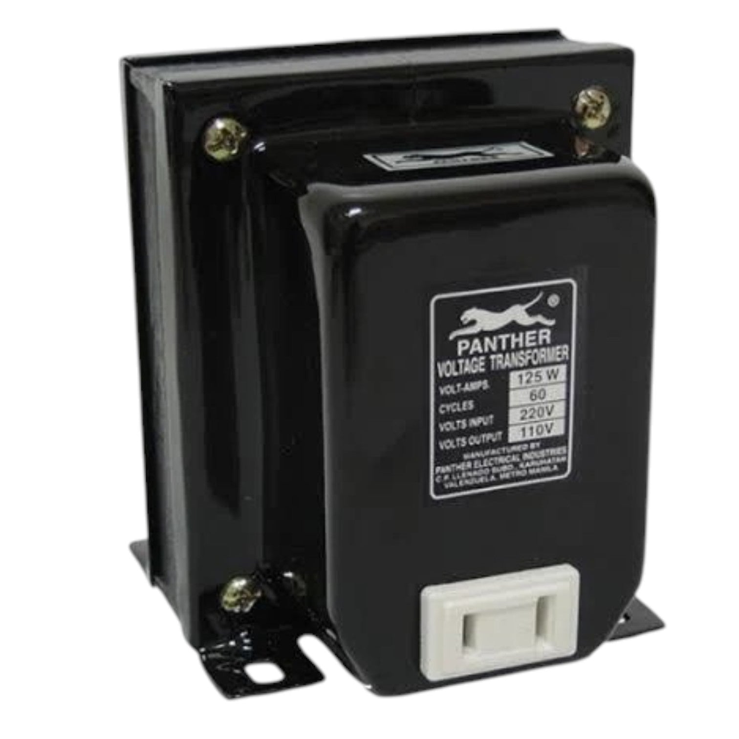 A black Panther Voltage Transformer with a white terminal connector and a white specification label, shown on a plain white background.