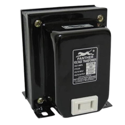 A black Panther Voltage Transformer with a white terminal connector and a white specification label, shown on a plain white background.