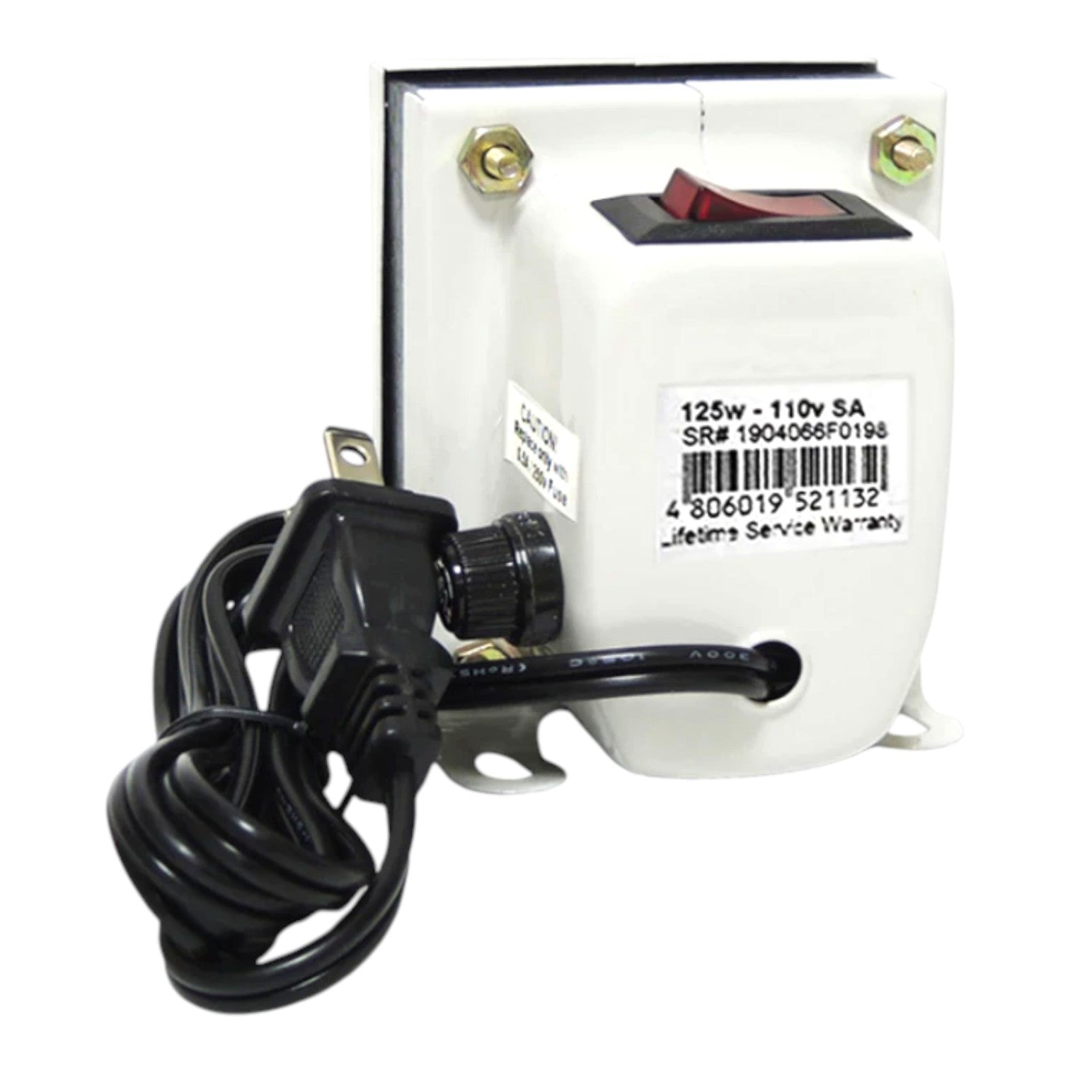 A 125W 110V SA transformer power supply with a white plastic casing, a red switch, a black power cord, and a black grounding lead, shown on a white background.