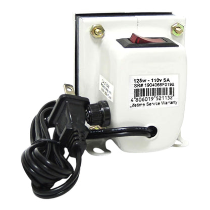 A 125W 110V SA transformer power supply with a white plastic casing, a red switch, a black power cord, and a black grounding lead, shown on a white background.