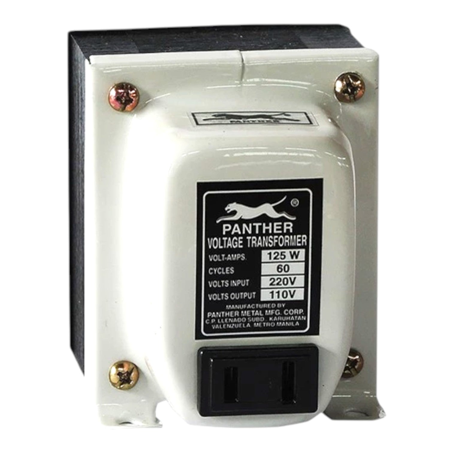 A Panther brand voltage transformer with a white plastic housing, black electrical outlet cover, and black label showing specifications and the Panther logo.