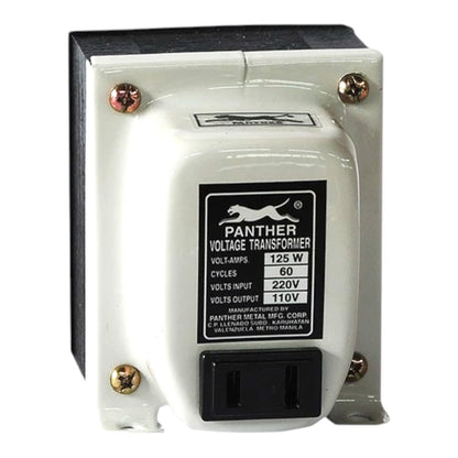 A Panther brand voltage transformer with a white plastic housing, black electrical outlet cover, and black label showing specifications and the Panther logo.