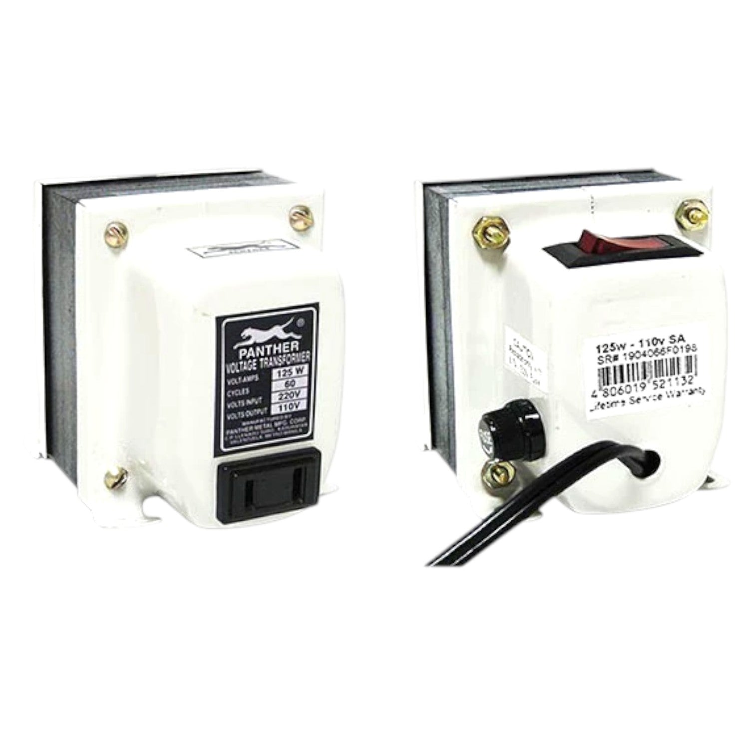Two views of a Panther brand 120v-110v 5A electrical transformer on a plain white background, showing the front and back details including a red switch, black cable, and white casing.