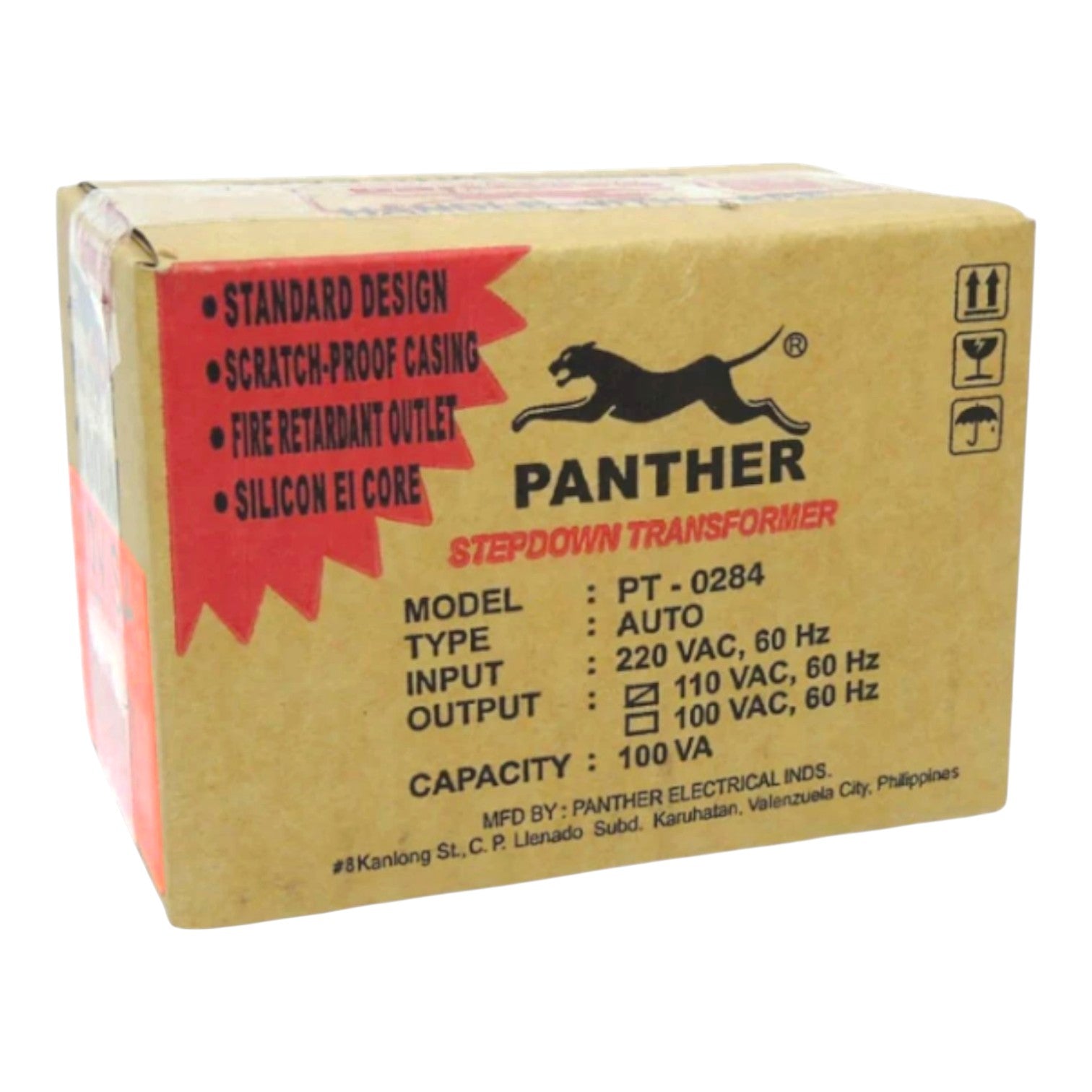 A cardboard box of Panther Electrical Inds Stepdown Transformer, model PT - 0284. The box is tan with a red starburst graphic on the left, black Panther logo and text, and black shipping icons on the right side.