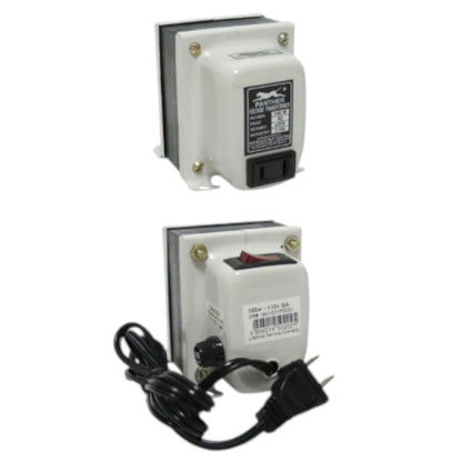A small white electrical transformer with a black power cord, shown from two angles on a plain white background. One view shows the front face with a black label, and the other shows the side with a red switch and a black power cord with a two-prong plug.