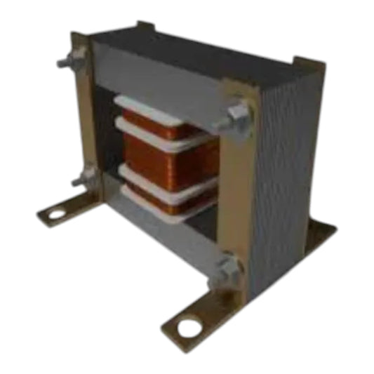 An industrial electrical transformer with a dark gray metal casing, copper-colored coils, and brass-colored mounting brackets, shown on a plain white background.