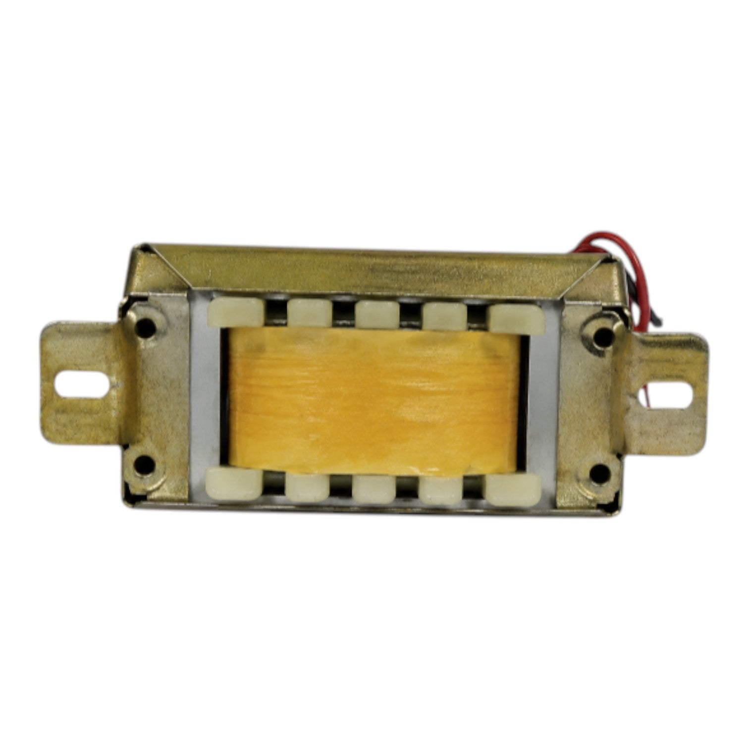 A rectangular gold-toned electronic component or relay with metal mounting tabs and a small red wire lead, shown on a plain white background.