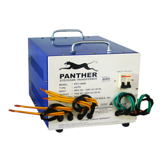 A Panther brand stepdown transformer electrical device with a blue and white metal casing, carrying handles, attached black and orange cables, and coiled green and black wires, shown on a plain white background.