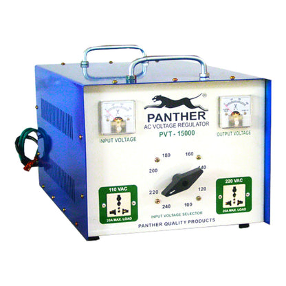 A Panther brand AC Voltage Regulator (PVT-15000) with a blue metal casing, a white front panel, a black rotary switch, and two analog meters, shown on a white background.