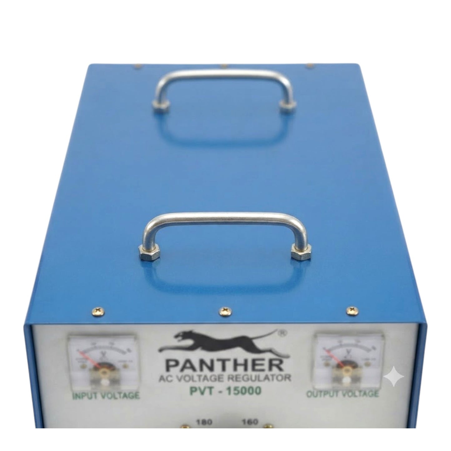 A blue metal AC voltage regulator box with two silver handles on top, featuring a front panel labeled 'PANTHER AC VOLTAGE REGULATOR' with two analog gauges and white faceplates.