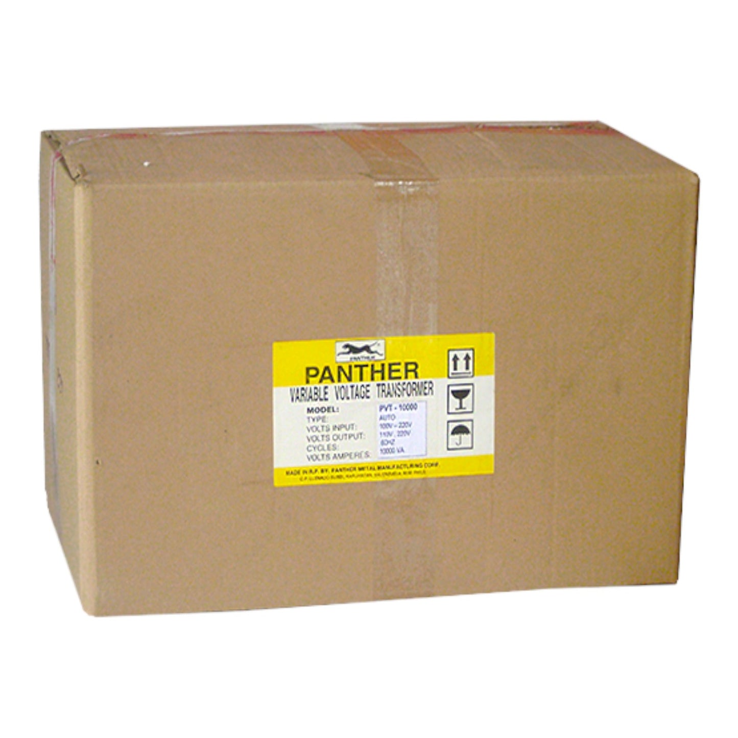 A large brown cardboard shipping box with a yellow and black Panther Variable Voltage Transformer label on the front, photographed against a plain white background.