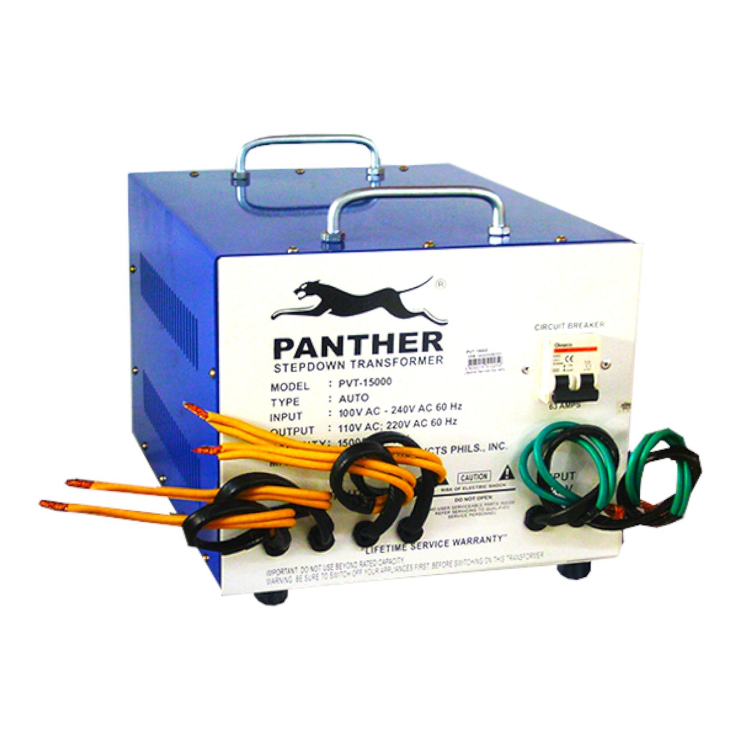 A Panther stepdown transformer electrical device with a blue top and white front panel, shown on a white background with attached orange, black, and green wires.