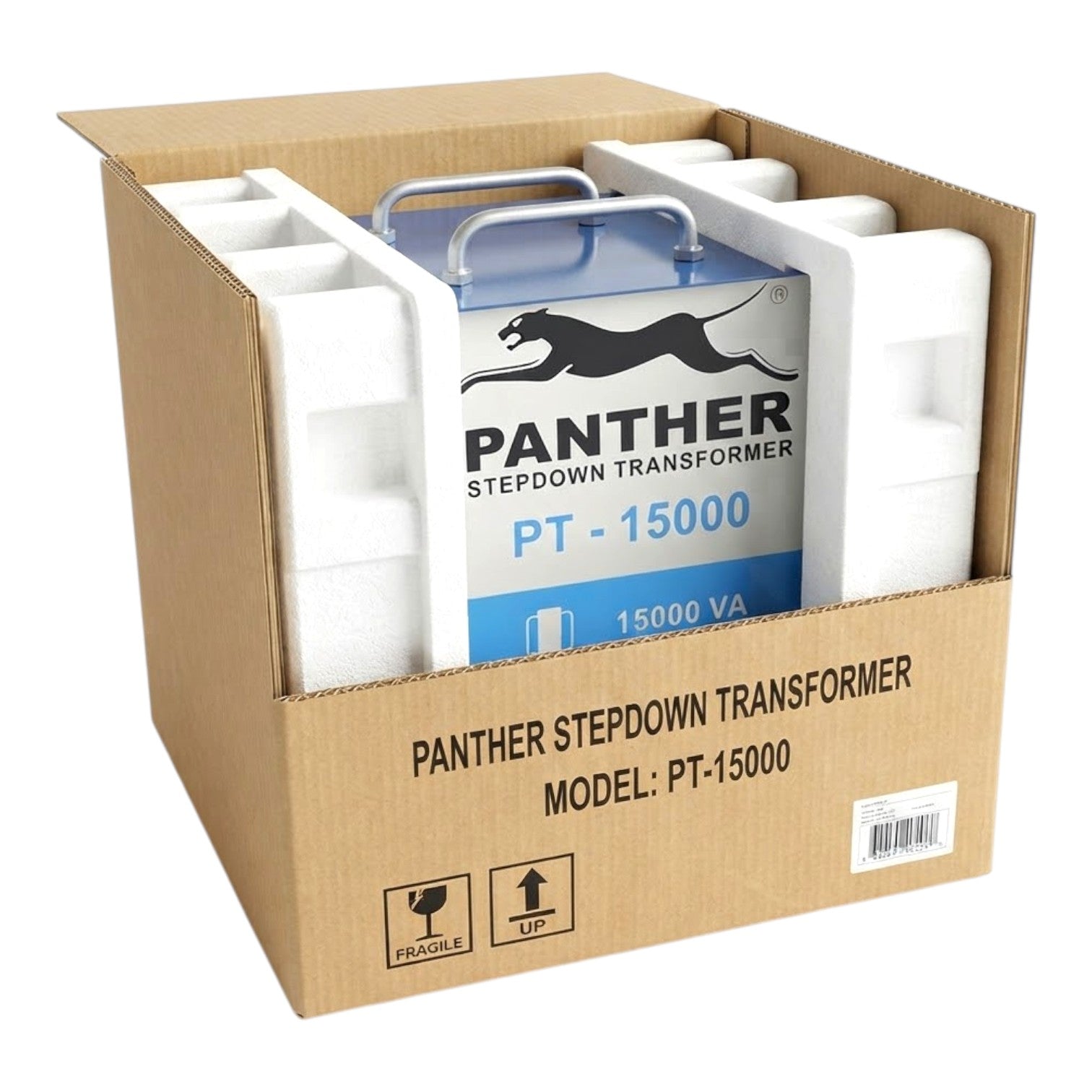 A cardboard shipping box containing a Panther Stepdown Transformer PT-15000, with white foam inserts around the transformer and a metal carrying handle visible at the top.