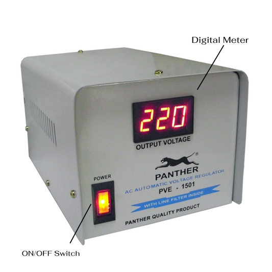 Panther PVE-1501 AC Automatic Voltage Regulator shown on a white background with black pointer lines labeling the digital meter and on/off switch.