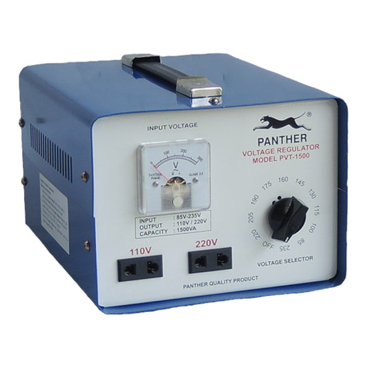 A blue and white Panther Voltage Regulator (Model PVT-1500) power supply unit with a black rotary knob, dual input sockets, and a hand grip on top, shown on a white background.