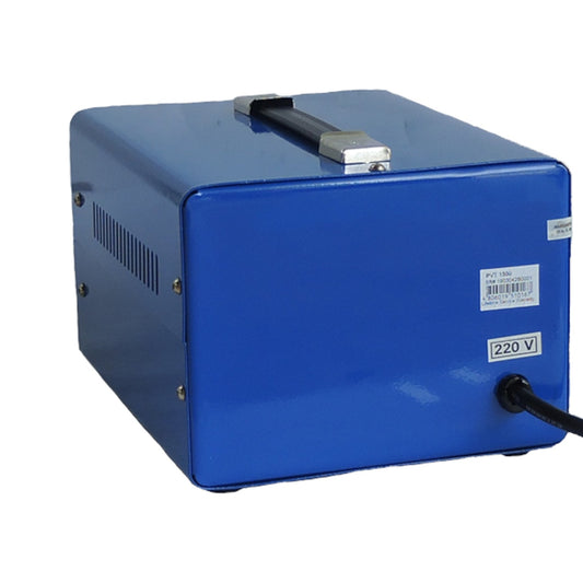 A blue metal electrical power supply or heating unit with a top handle, shown on a white background. The unit features a black power cord coming out of the bottom right, ventilation slots on the side, and white labels including one marked '220 V'.
