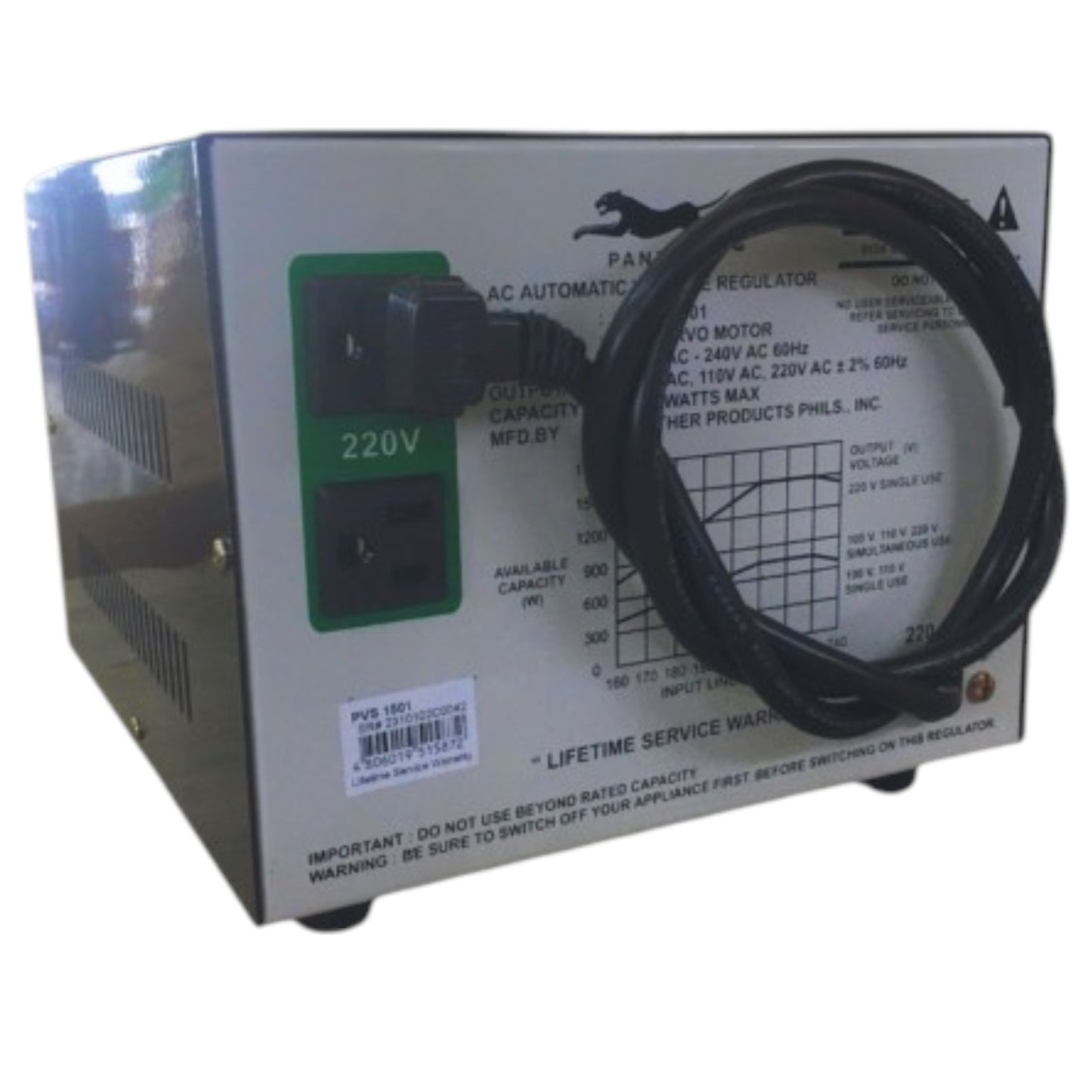 An industrial AC automatic voltage regulator power supply unit with a black power cord coiled on the front panel, featuring a green 220V input socket and technical specifications printed on the front.