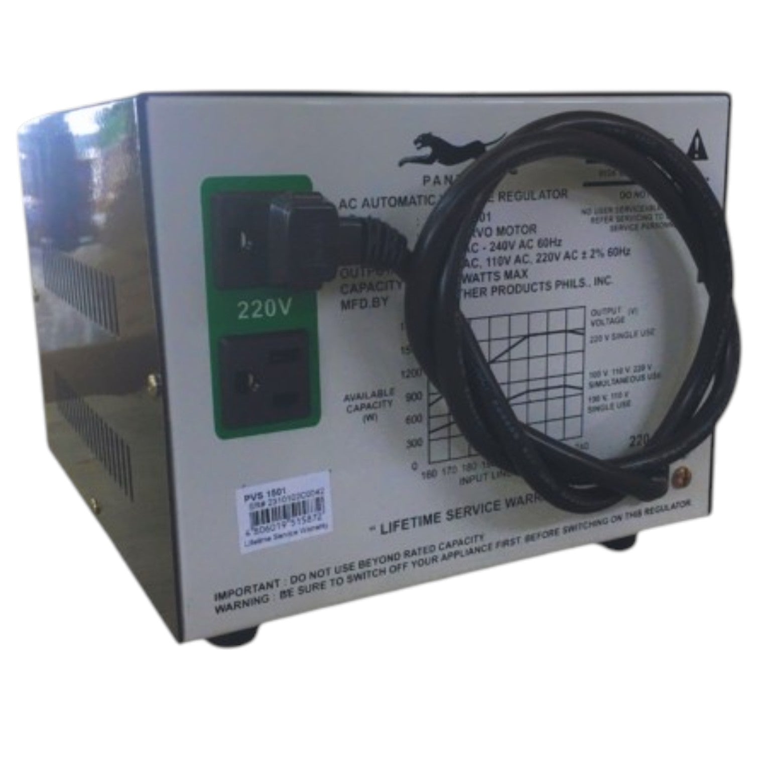 An industrial AC automatic voltage regulator power supply unit with a black power cord coiled on the front panel, featuring a green 220V input socket and technical specifications printed on the front.