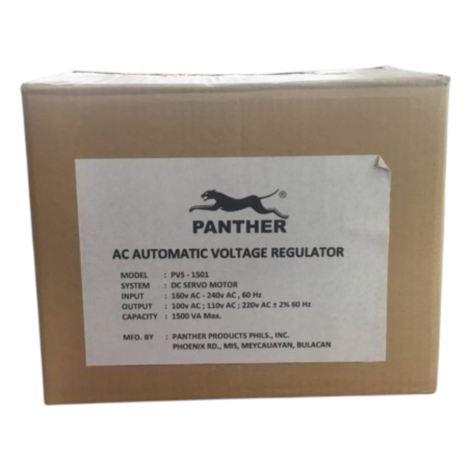 A brown cardboard box with a white label reading PANTHER AC AUTOMATIC VOLTAGE REGULATOR, model PVS-1501, on a plain white background.
