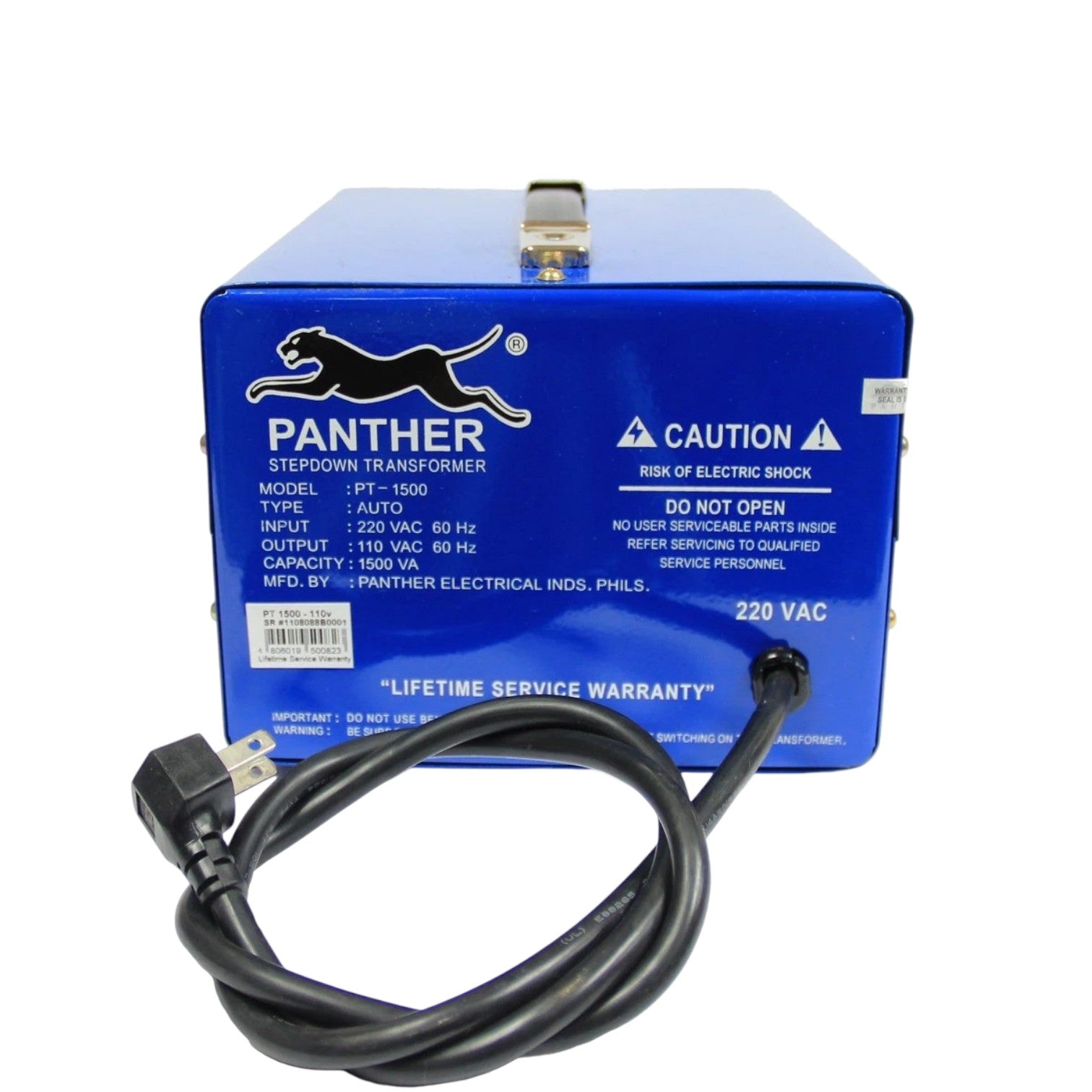 A blue Panther stepdown transformer with a black power cord, shown on a plain white background.