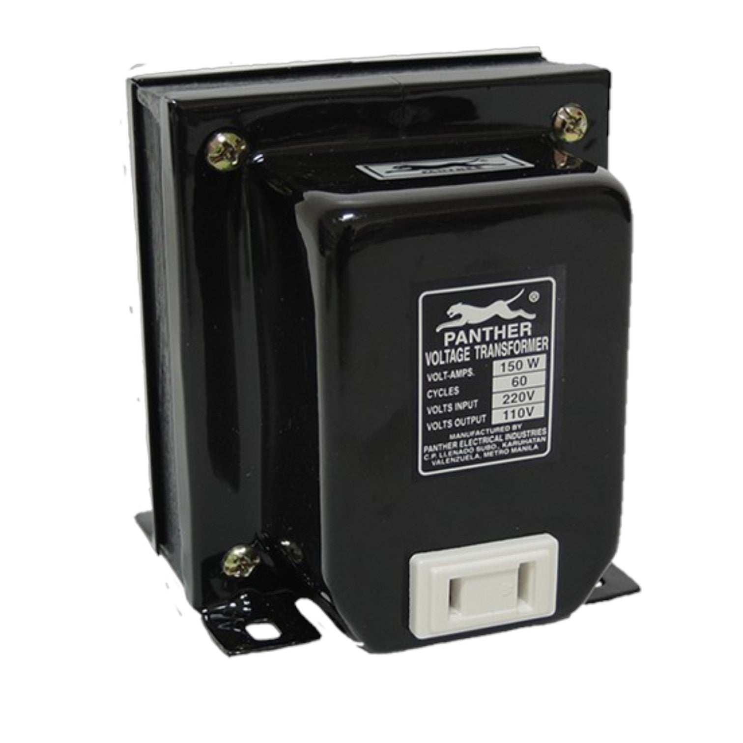 A Panther brand black voltage transformer with a white terminal cover and a white product label, shown on a plain white background.