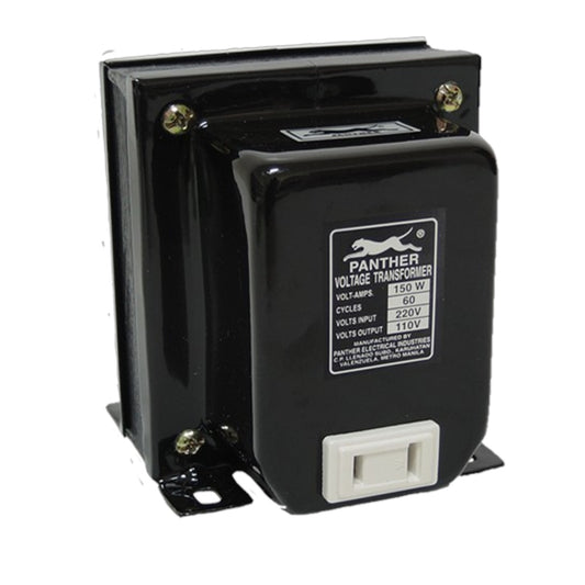 A Panther brand black voltage transformer with a white terminal cover and a white product label, shown on a plain white background.
