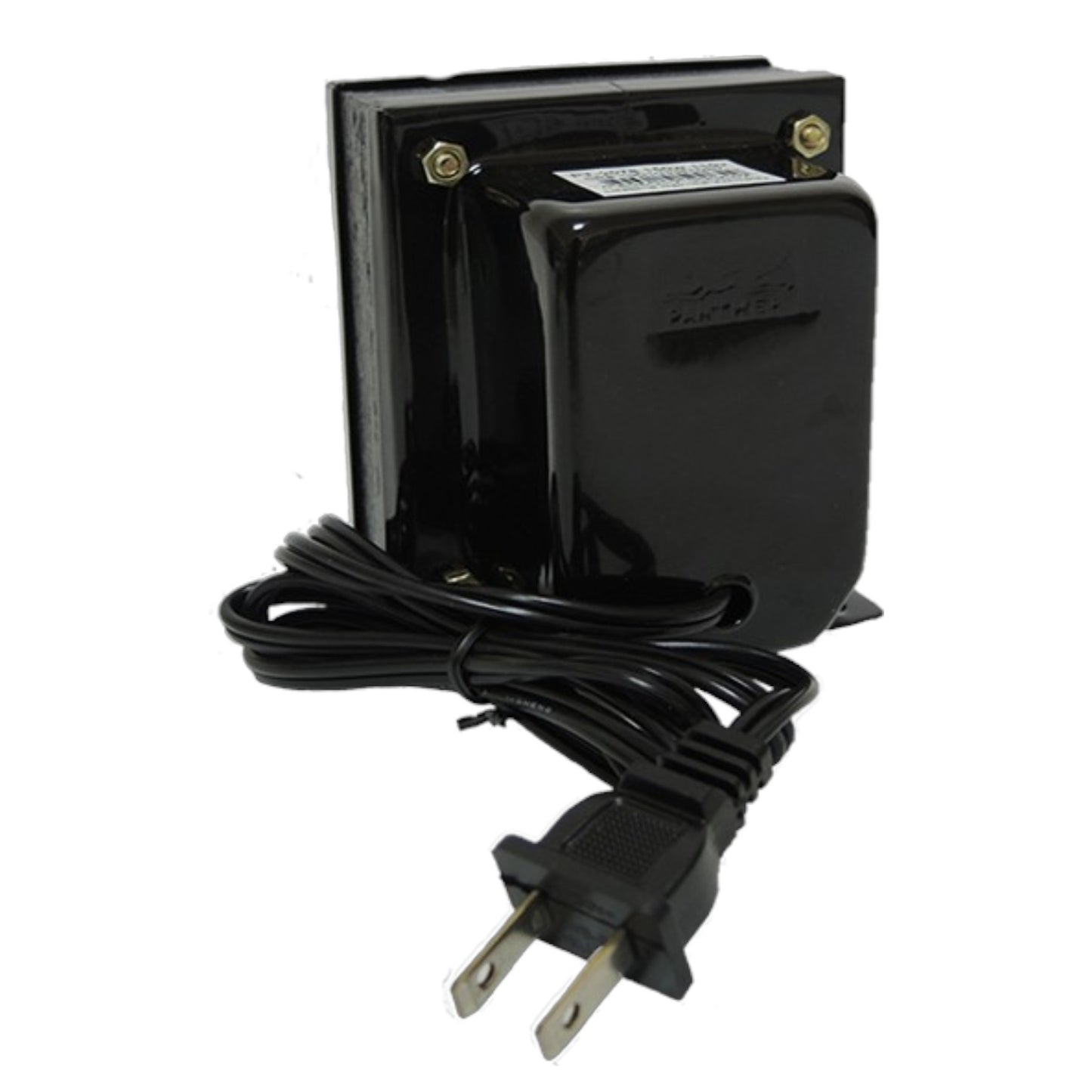 A black electrical transformer with an attached power cord and two-prong plug, shown on a plain white background.