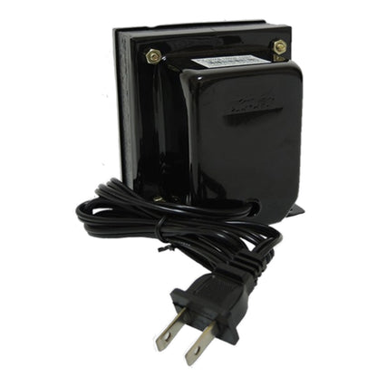 A black electrical transformer with an attached power cord and two-prong plug, shown on a plain white background.