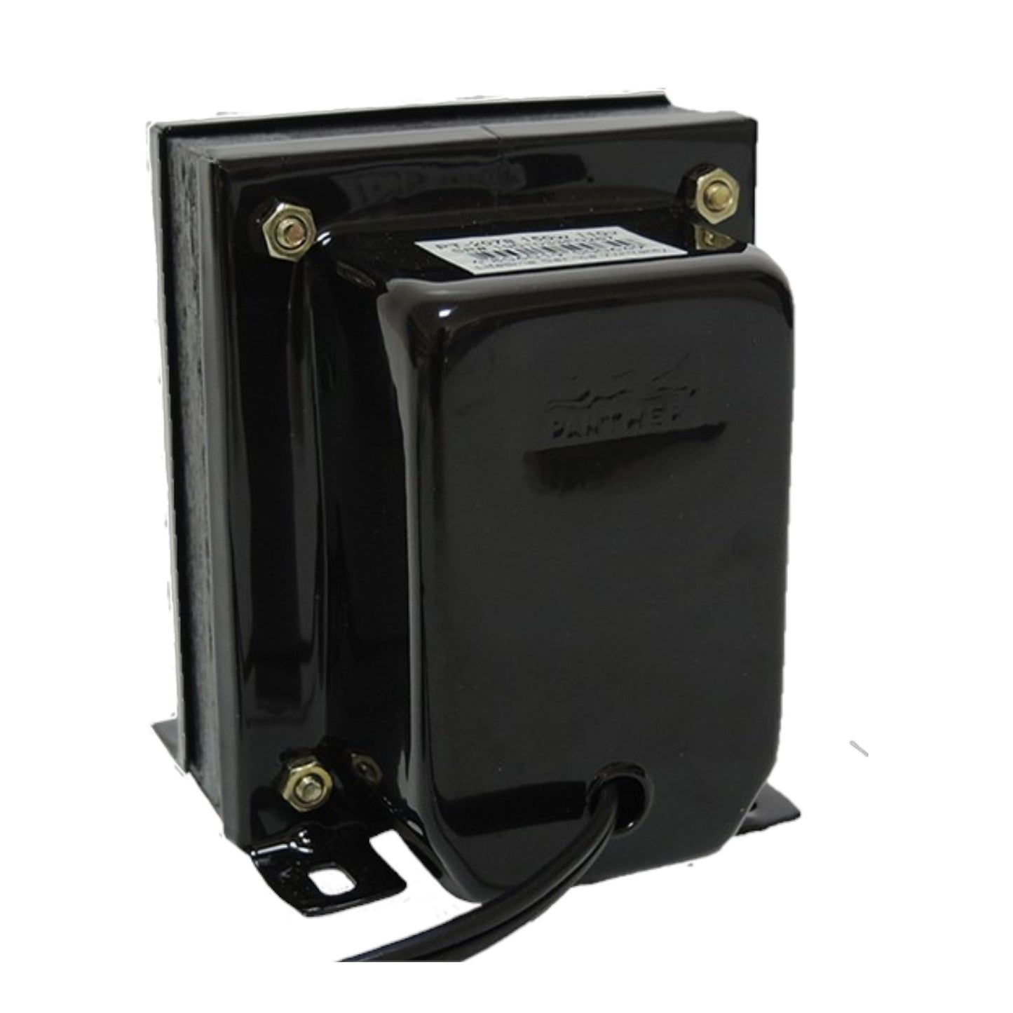A black electrical transformer with a glossy finish, featuring brass-colored mounting screws and a black wire coming out from the bottom, set against a plain white background.