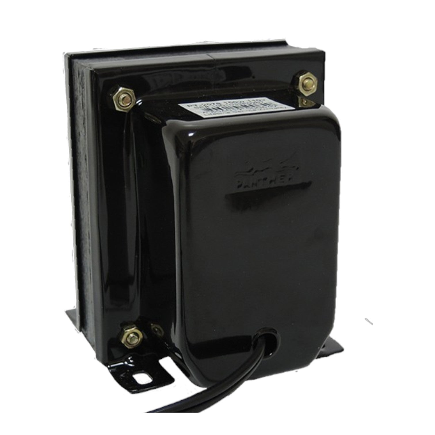 A black electrical transformer with a glossy finish, featuring brass-colored mounting screws and a black wire coming out from the bottom, set against a plain white background.