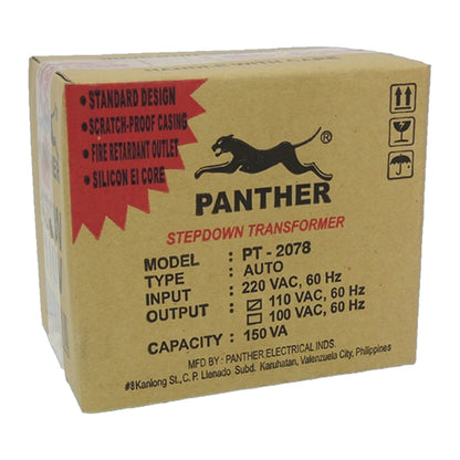 A cardboard box for a Panther stepdown transformer, model PT-2078. The box is brown kraft paper with a red starburst label on the left, black Panther logo and text, and various shipping icons on the right side.