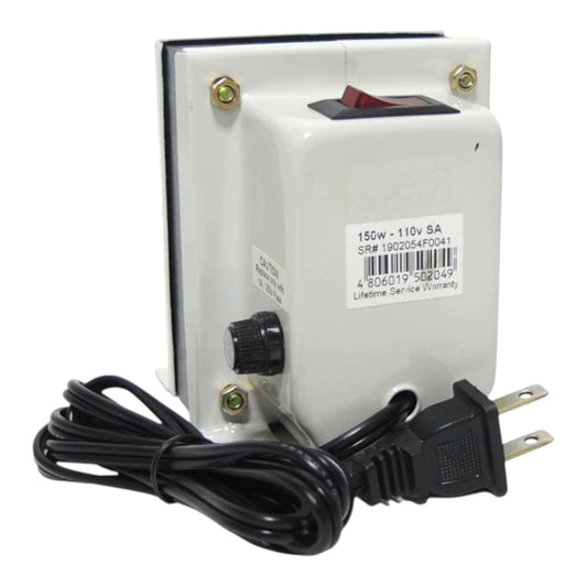A 150W 110V SA power supply unit with a black power cord and plug, featuring a white plastic housing, a red switch, and a black dial, shown on a white background.