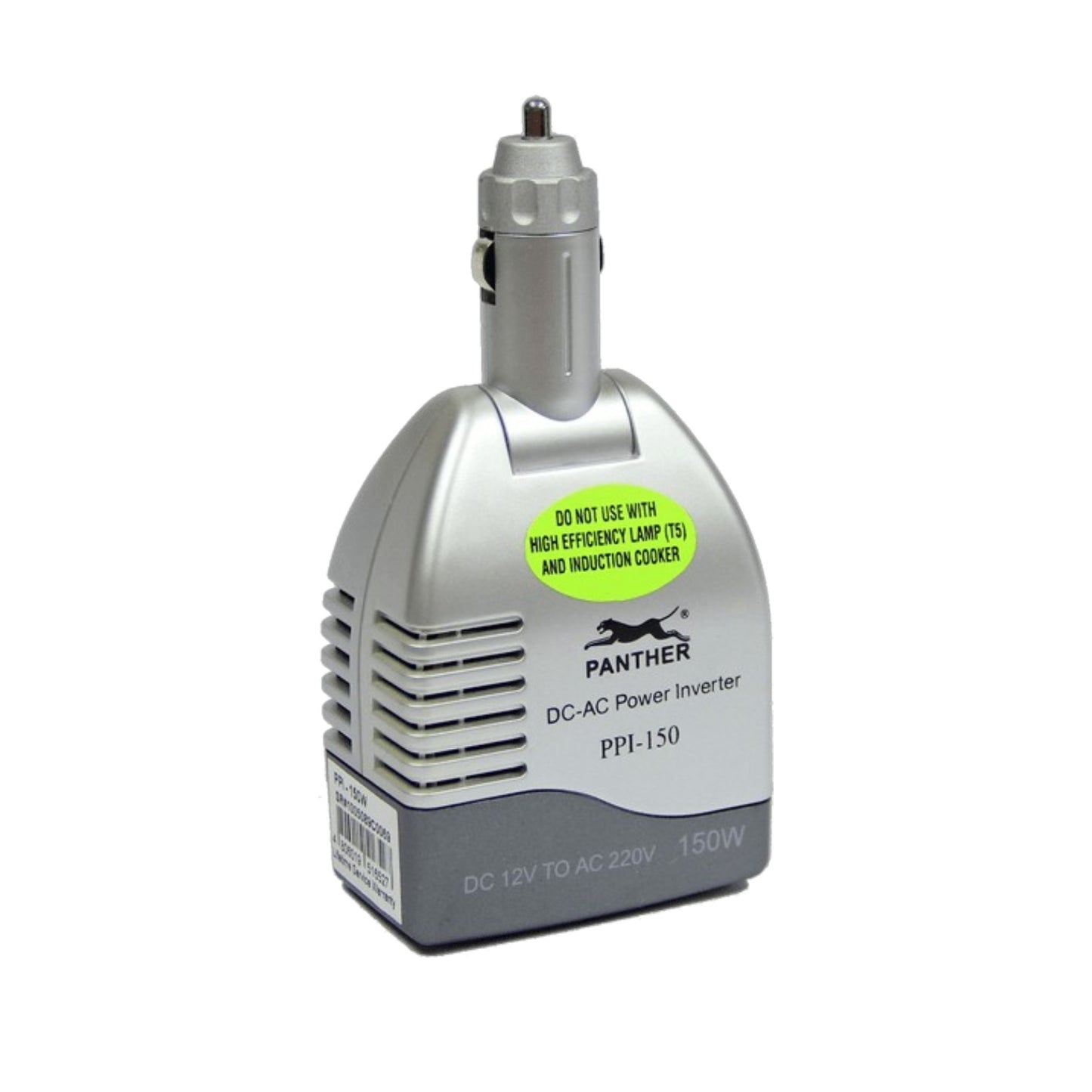 A Panther PPI-150 DC-AC Power Inverter plug-in adapter, designed for car cigarette lighter use. The device features a silver and gray body with a bright green warning sticker on the front, and a black Panther logo.