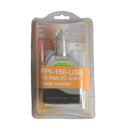 PPI-150-USB 150-Watt DC to AC power inverter in its original blister packaging, featuring a silver and black unit with an orange label.