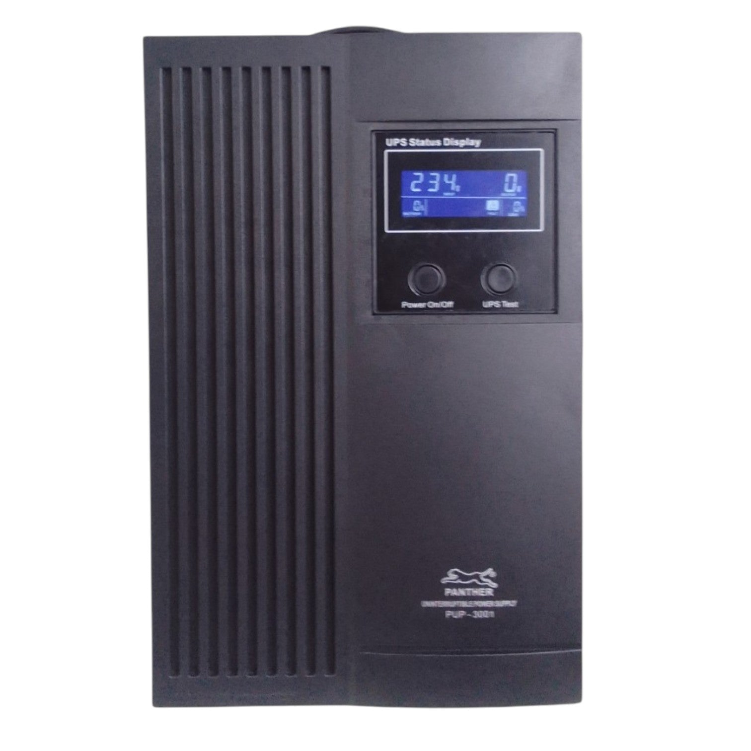 A black Paritec PUP-3000 UPS inverter with a digital status display screen and two control buttons on the front panel, set against a plain white background.